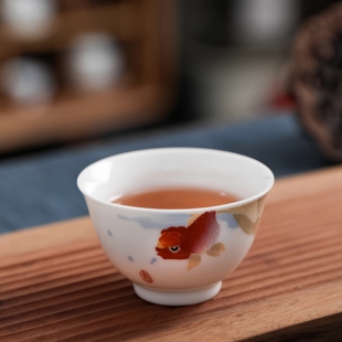 官润窑醴陵手绘釉下彩陶瓷器品茗主人杯个人专用功夫茶杯碗盏金鱼