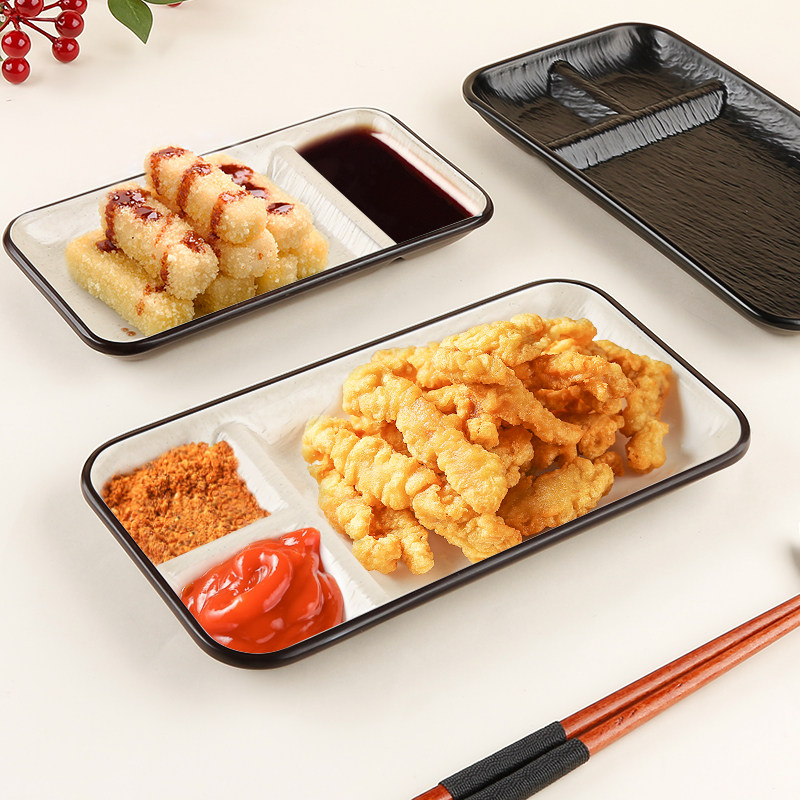 火锅配菜盘小酥肉盘子黑色茴香小油条红糖糍粑专用盘密胺仿瓷双格