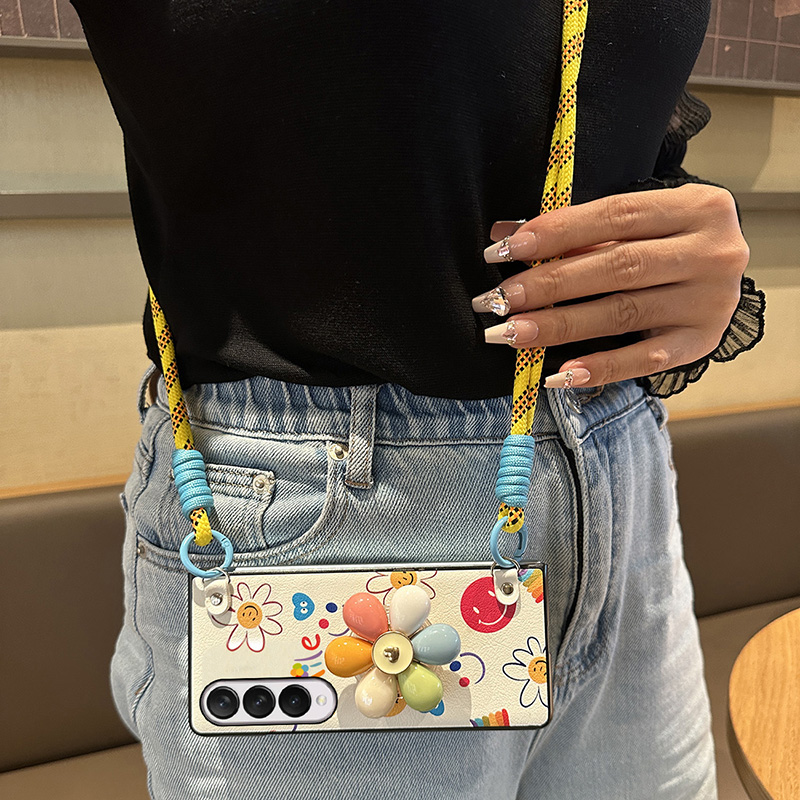 彩色花朵支架适用三星ZFold6手机壳折叠屏卡通皮质GalaxyZFold5新款小清新简约fold4斜挎挂绳全包保护套防摔