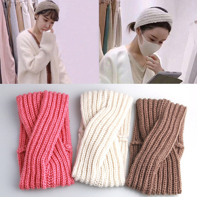 韩国秋冬宽边毛线发带交叉束发保暖头套手工针织发卡洗脸简约头带