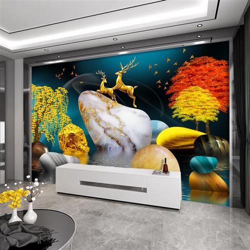 无缝电视背景墙壁纸2022年新款8d立体壁画3d北欧麋鹿网红墙布大气