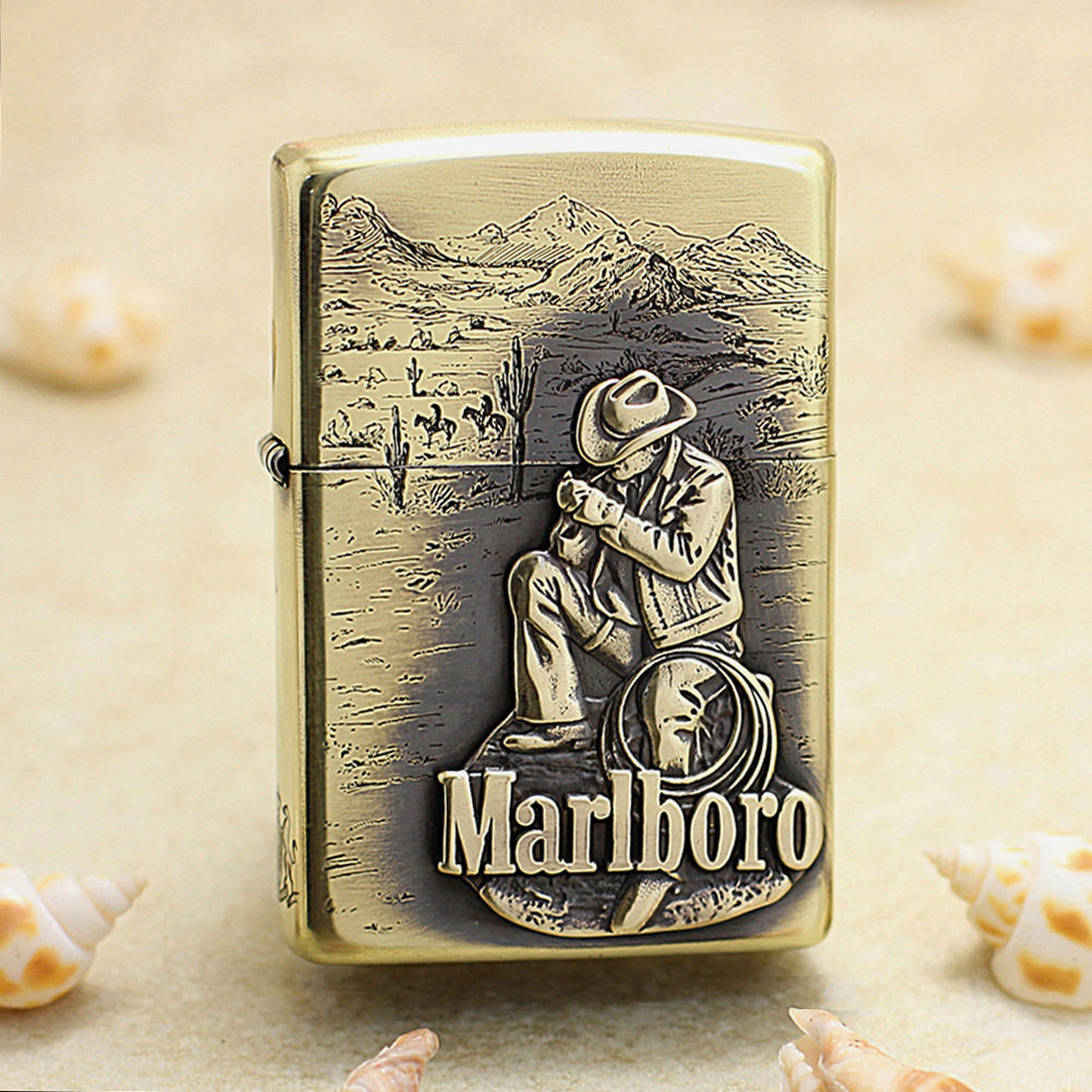 zippo芝宝正版打火机 精雕贴章点烟万宝路牛仔-蹲姿防风煤油火机