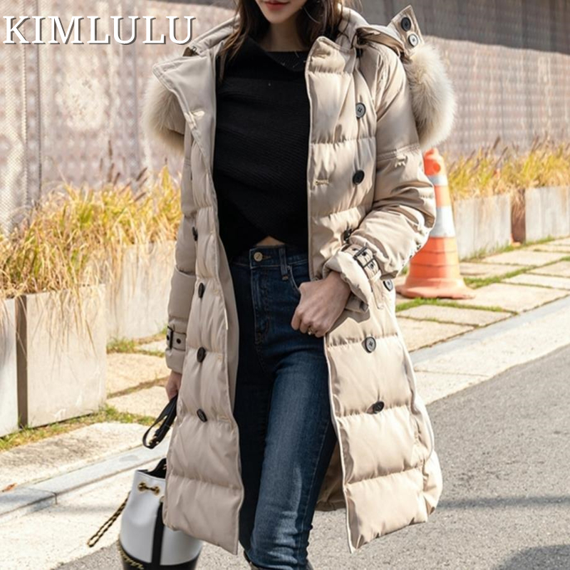 Kim韩国定制 冬季新款双排扣大毛领修身保暖白鹅绒中长款女羽绒服