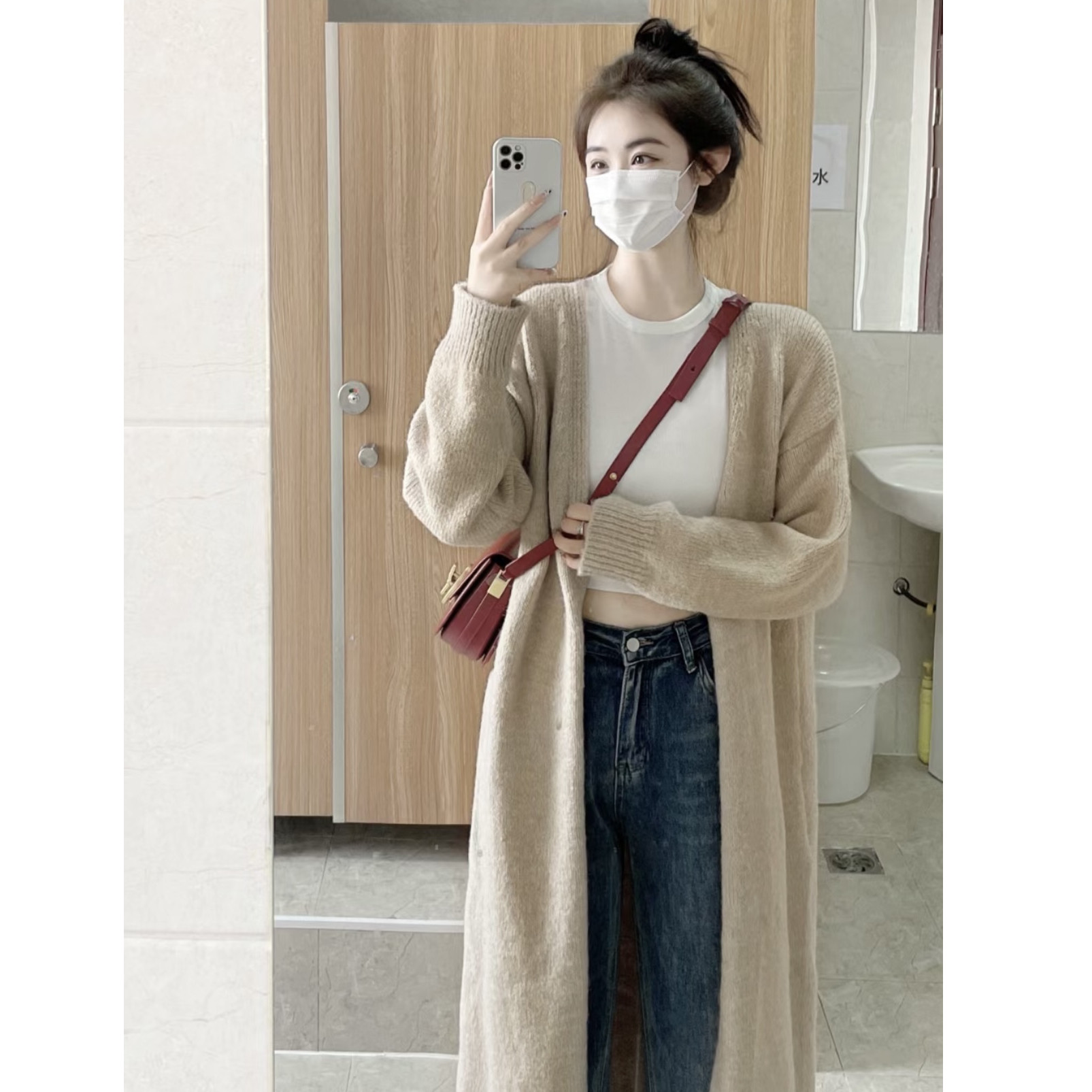 燕麦色针织开衫女高级感秋冬外搭绵羊绒中长款毛衣外套慵懒感宽松