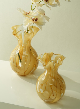 家居玻璃花瓶中古法式装饰品轻奢钱袋子插花中古客厅玄关复古花瓶