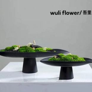 创意摆件装 样板间客厅玄关书柜叶状高脚果盘永生苔藓盆景 饰品