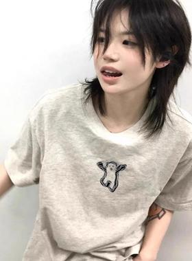 纯棉美式灰色短袖t恤女2025新款夏季宽松设计感小众半袖正肩上衣