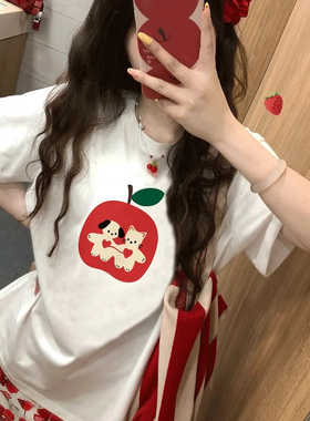 小熊印花白色纯棉短袖t恤女设计感正肩体恤2025新款夏季宽松上衣