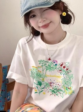 纯棉白色t恤女短袖正肩2025新款夏季百搭宽松小众设计感半袖上衣