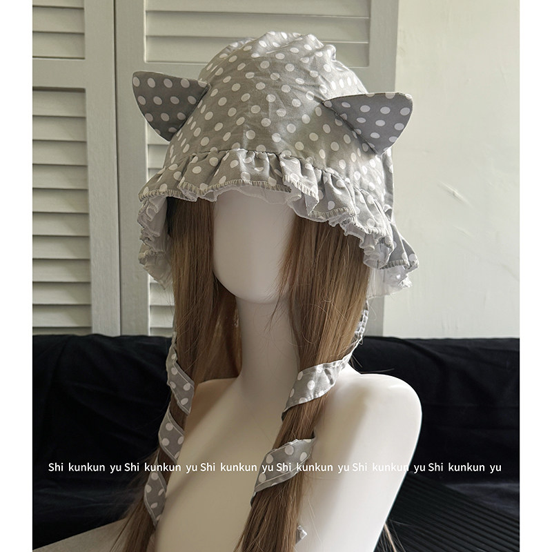 是困困鱼灰色波点猫咪耳朵包头帽女y2k亚文化软萌蕾丝套头帽子夏