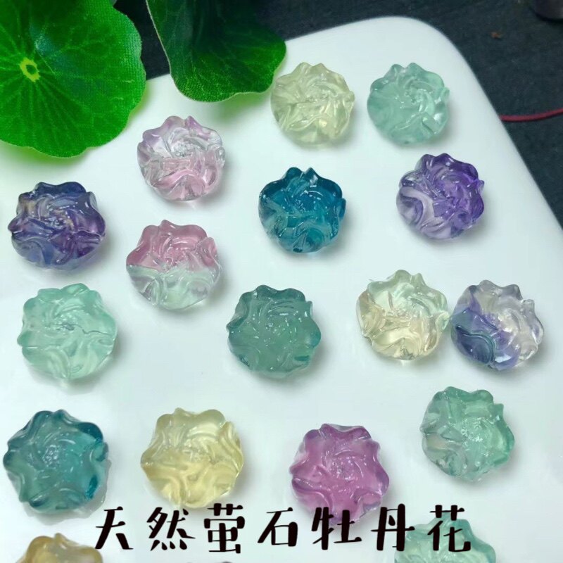 冰透天然萤石双生牡丹花di62y手链手工雕刻精品花件彩色水晶手串
