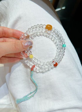 天然白水晶多圈手链女小众设计感三圈盐源莲花手串多宝手链