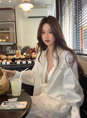 蕾丝拼接白色防晒衬衫女春夏时尚套装小众中长款a字半身裙三件套