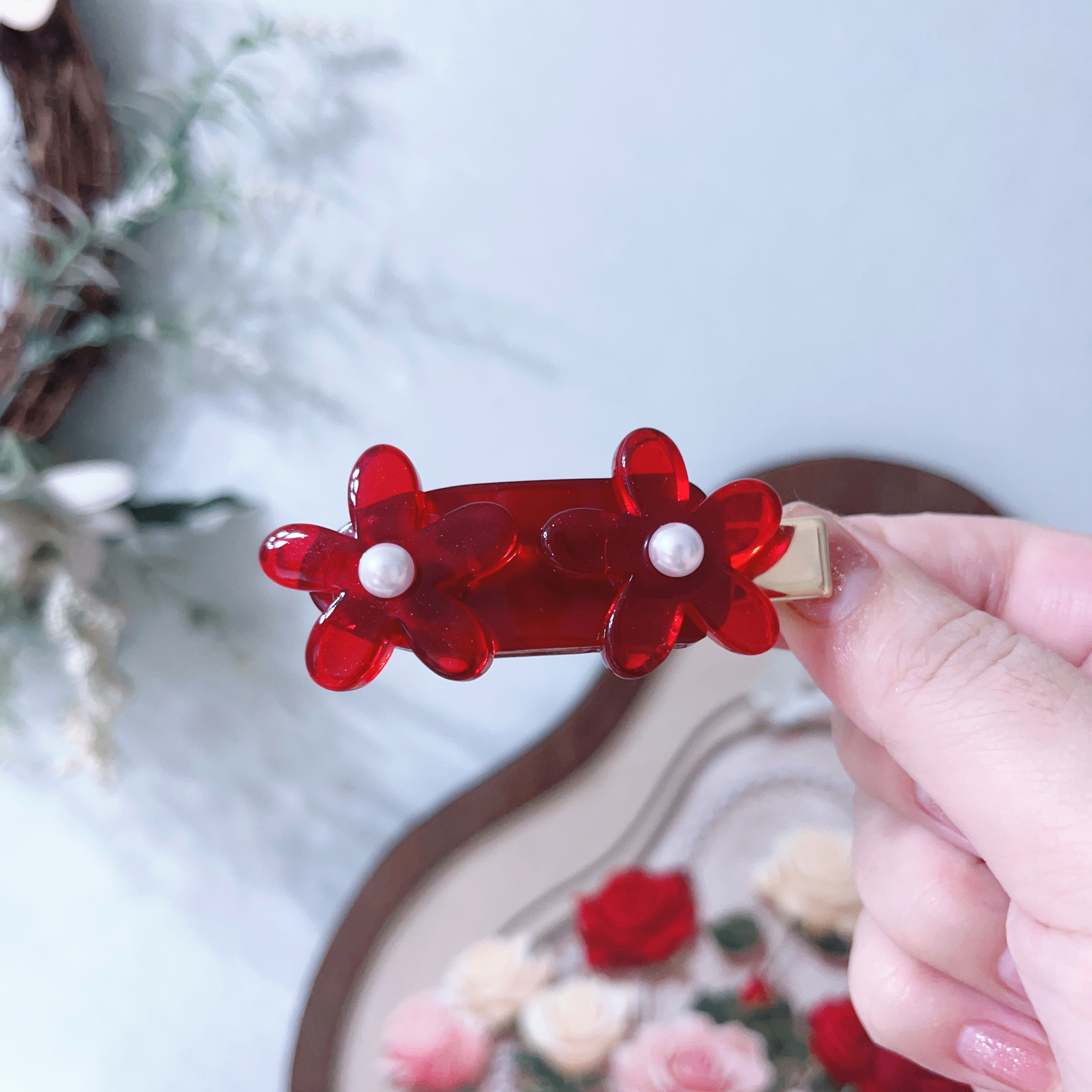 新款百搭红色花朵款鸭嘴发夹少女头饰刘海侧边夹顶夹发饰发夹A898