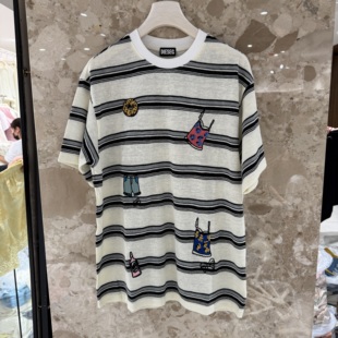 撞色条纹刺绣圆领短袖 宽松休闲T恤162 韩系时尚 欧洲站2026春夏新款