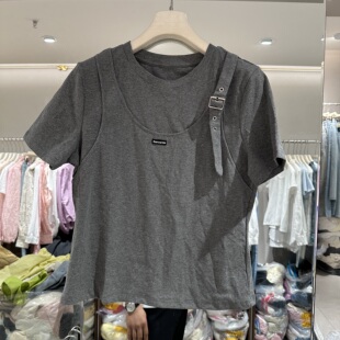 欧洲站2026春季新款圆领假两件拼接字母贴标肩扣小版T恤衫女6E33