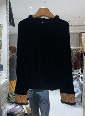 欧洲站2025秋冬新款圆领毛毛拼接宽松百搭女士丝绒长袖上衣89037