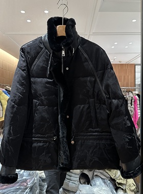 欧洲站2025冬季新款立领提花设计感皮毛一体保暖鹅绒服外套25172