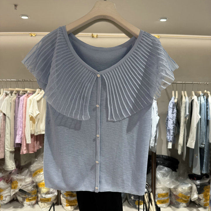 欧洲站2026春季新款v领压褶荷叶边百搭小个子减龄无袖款针织上衣