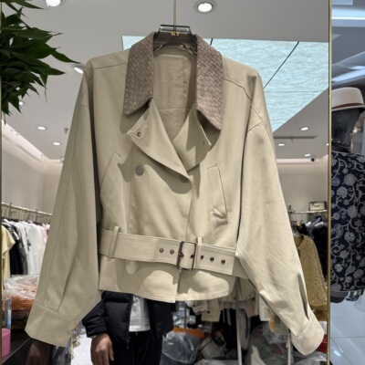 欧洲站2026春季新款撞色polo领收腰显瘦款女士休闲风衣外套c25259