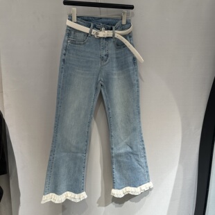 新款 牛仔微喇裤 裤 显瘦腰带款 W33712 脚压褶花边修身 欧洲站2026春季