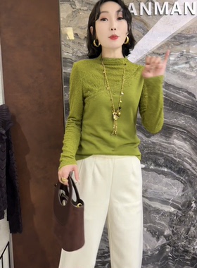 欧洲站2025冬季新款半高领蕾丝拼接纯色百搭修身长袖打底衫36099