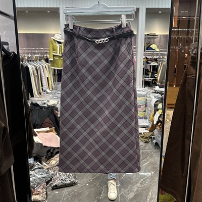 欧洲站2025秋季新款高腰皮带款格子拼色中长款开叉半身裙女63045