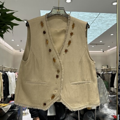 欧洲站2026春季新款V领订钻毛边百搭小众设计感款女马夹坎肩6942Y