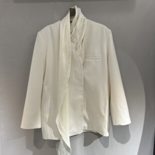 欧洲站2026春季 交叉领胸前口袋丝巾带腰带职场风短外套26310 新款