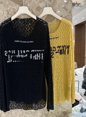 欧洲站2026夏新款圆领字母印花百搭宽松微透黑色蕾丝打底衫15272