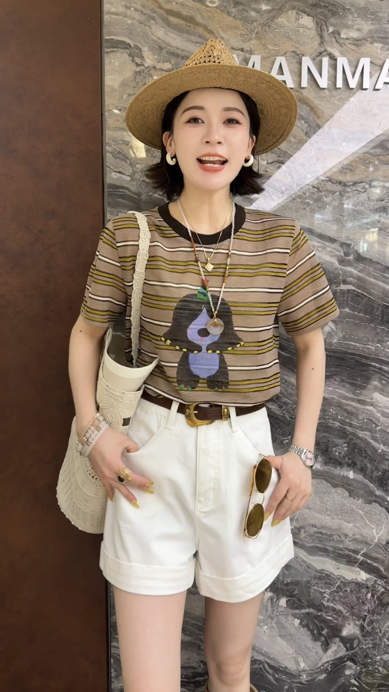 欧洲站2026夏季新款欧货短袖条纹拼色卡通图案串珠小版女士T恤衫