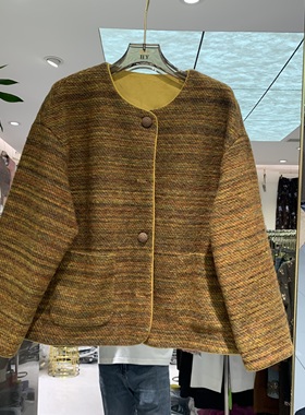 欧洲站2025秋季新款圆领单排扣宽松显瘦百搭小香风长袖外套66855