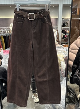 欧洲站2025冬季新款高腰皮带款时尚宽松百搭加厚弯刀休闲裤810063