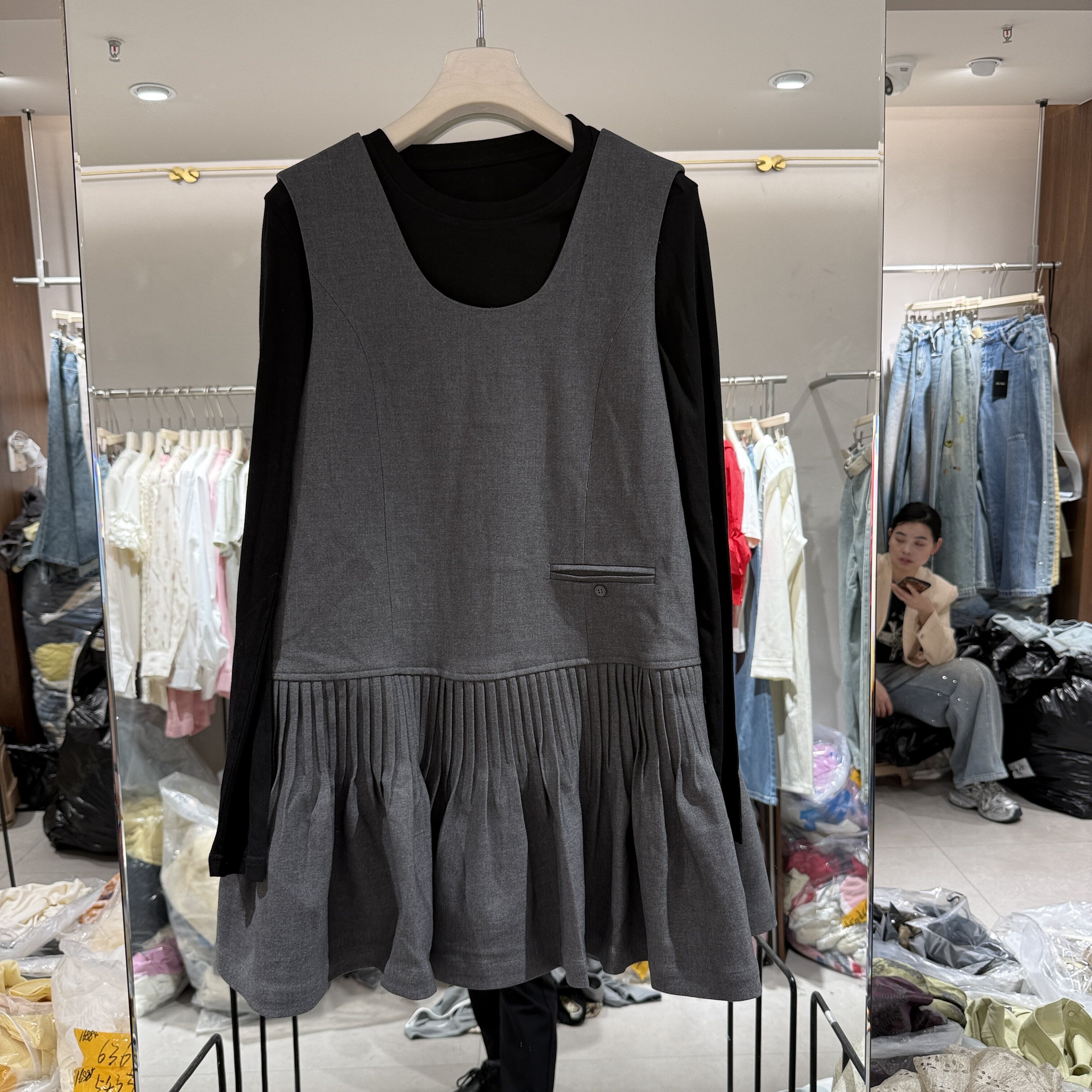 欧洲站2026春季新款时尚学院风圆领光板长T显瘦小个子背心裙9006