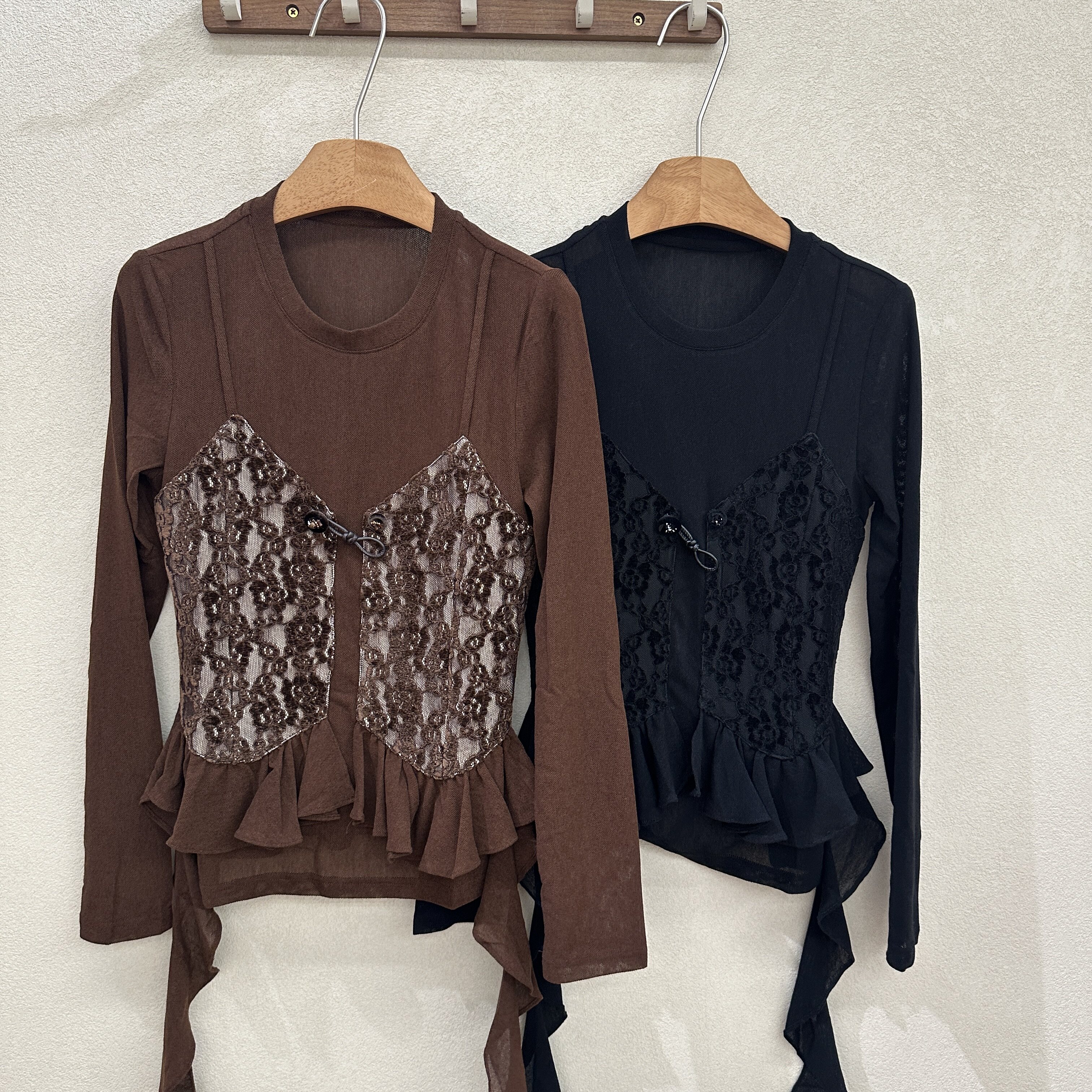 欧洲站2026秋季新款长袖假两件拼接蕾丝钩花百搭女士T恤衫263068