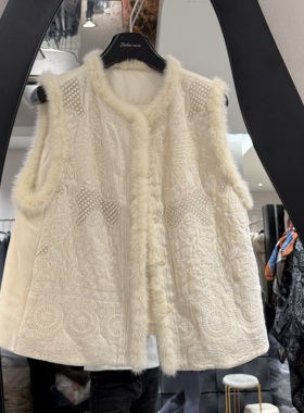 欧洲站2025冬季新款圆领重工刺绣拼水貂毛边洋气无袖马甲女15090