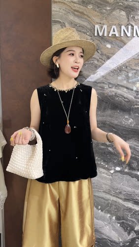 欧洲站2026夏季新款重工满天星钉珠丝绒后网纱露背蝴蝶结背心马甲