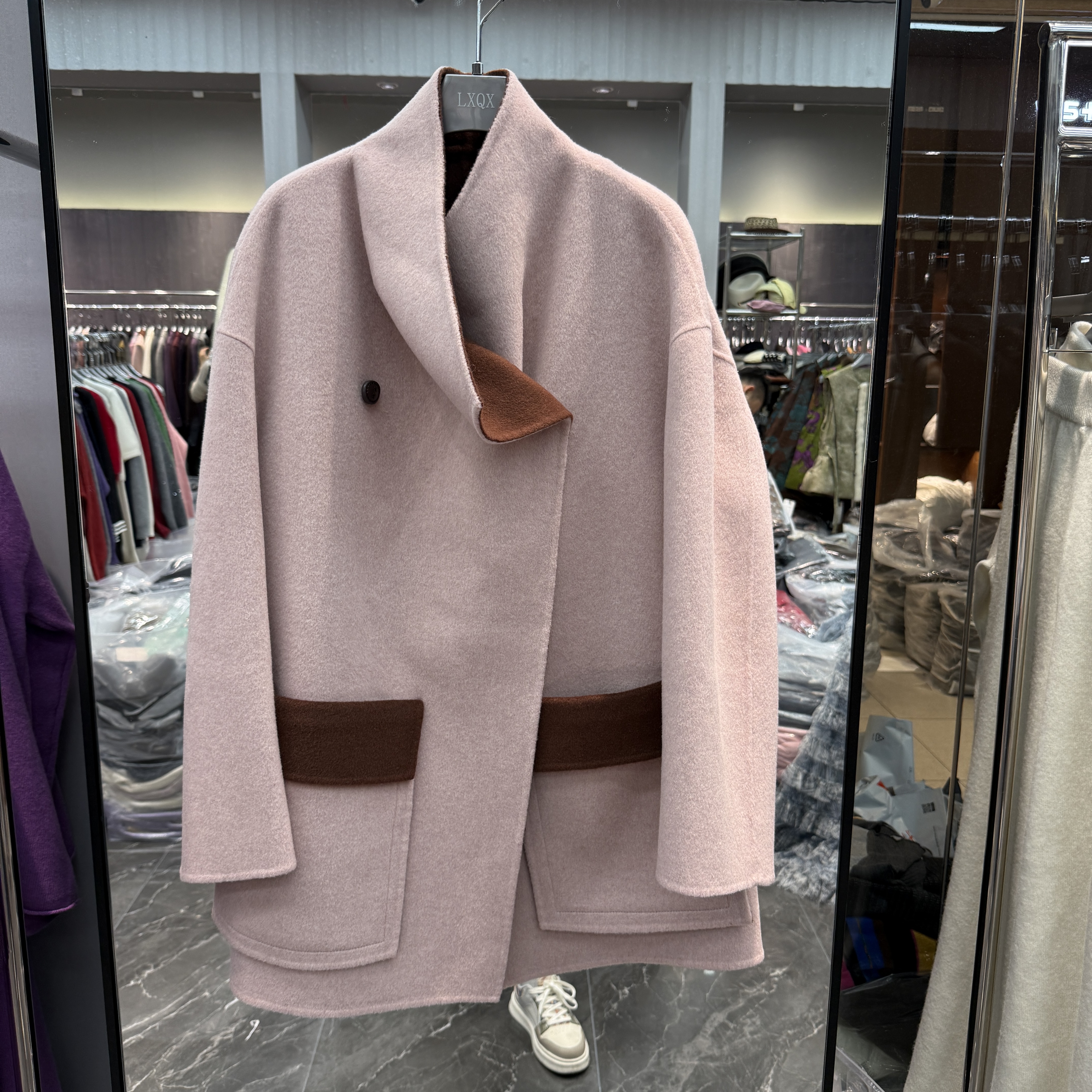 欧洲站2025秋冬新款立领大口袋欧美范中长袖双面羊绒女士呢子大衣