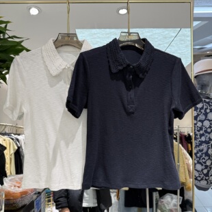 女士短袖 欧洲站2026春季 上衣88358 净版 款 新款 镂空勾花polo领修身
