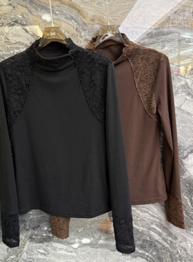 欧洲站2025秋冬新款半高领蕾丝拼接纯色修身显瘦长袖T恤上衣96168