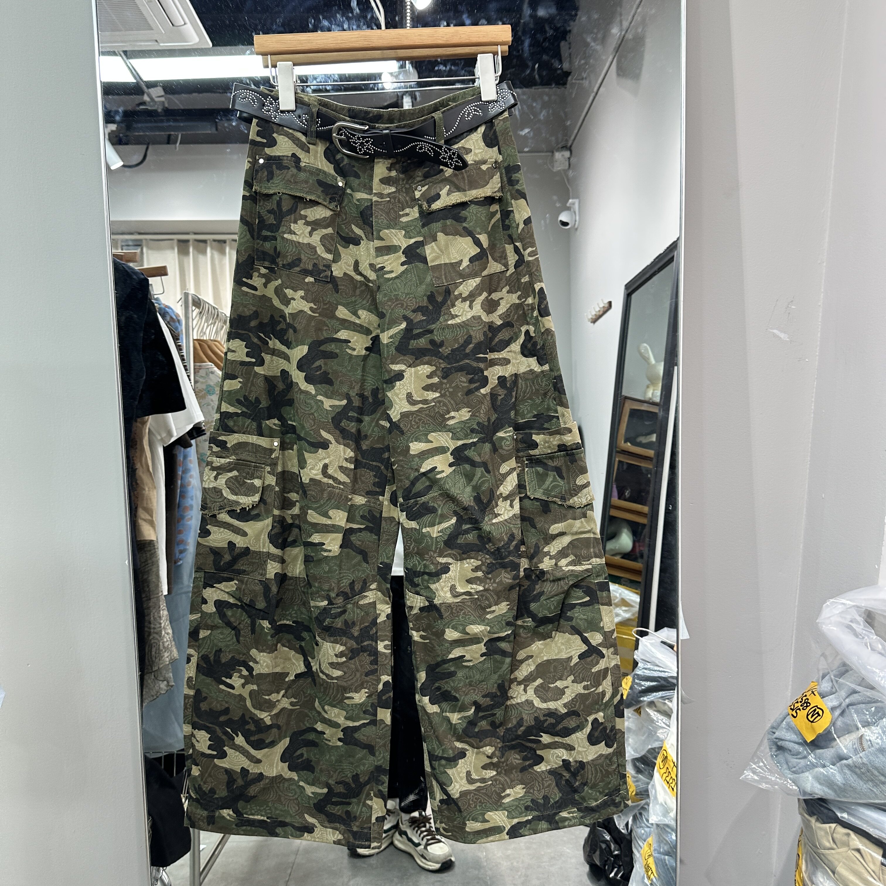 欧洲站2026夏季新款重工腰带气质显瘦时尚休闲迷彩工装阔腿裤2446