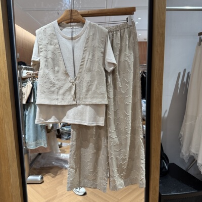 欧洲站2026春季新款时尚赫本风提花马甲短袖阔腿裤三件套女1795潮