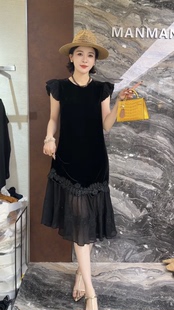 欧洲站2026夏季新款圆领飞飞袖下摆重工提花刺绣网纱女士连衣裙潮