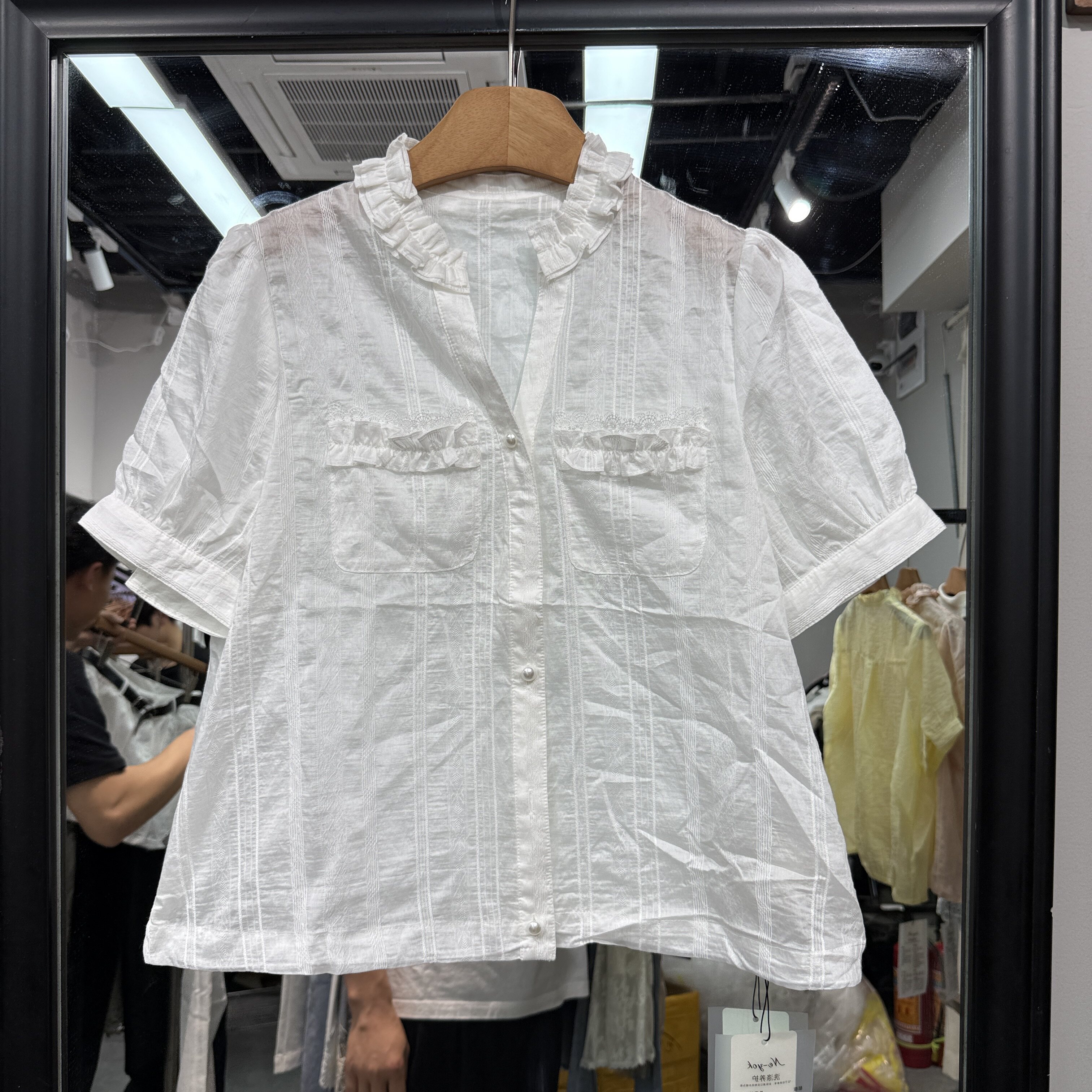 欧洲站2026夏季新款领压褶木耳边甜美淑女风好看净版衬衫女646082