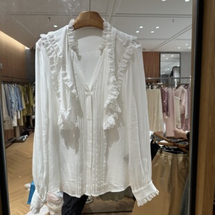 欧洲站2026春季新款洋气领口蕾丝花边显瘦甜美娃娃款纯色衬衫上衣