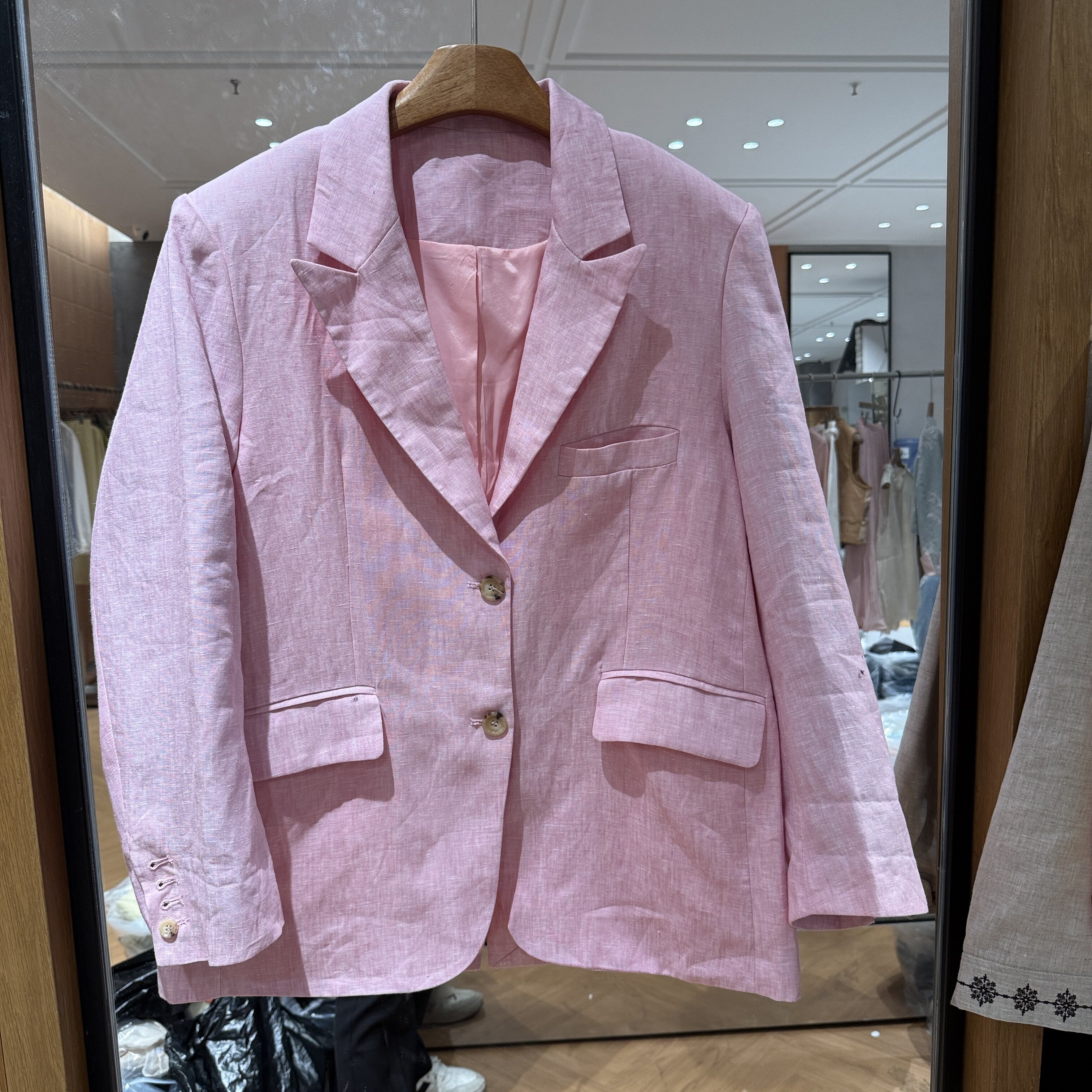 欧洲站2026春季新款翻领两粒扣休闲净版时尚女士亚麻款西装外套潮