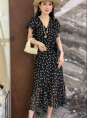 欧洲站2026夏季新款V领法式女人味侧边系带波点茶歇连衣裙女8217