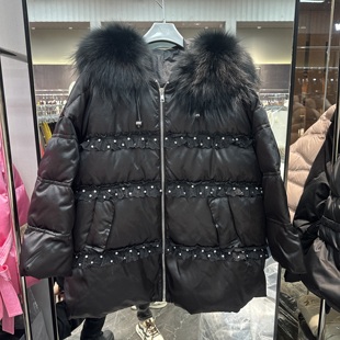 百搭白鹅绒外套女25877 连帽蕾丝烫钻拼接时尚 欧洲站2025冬季 新款