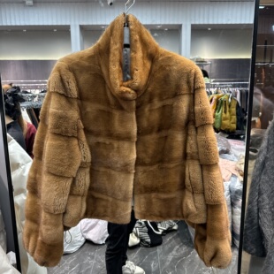 欧洲站2025冬季 立领横排设计感百搭显瘦紫标水貂毛皮草外套女 新款