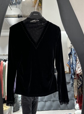 欧洲站2025秋季新款V领蕾丝拼接设计宽松百搭丝绒长袖打底衫89009